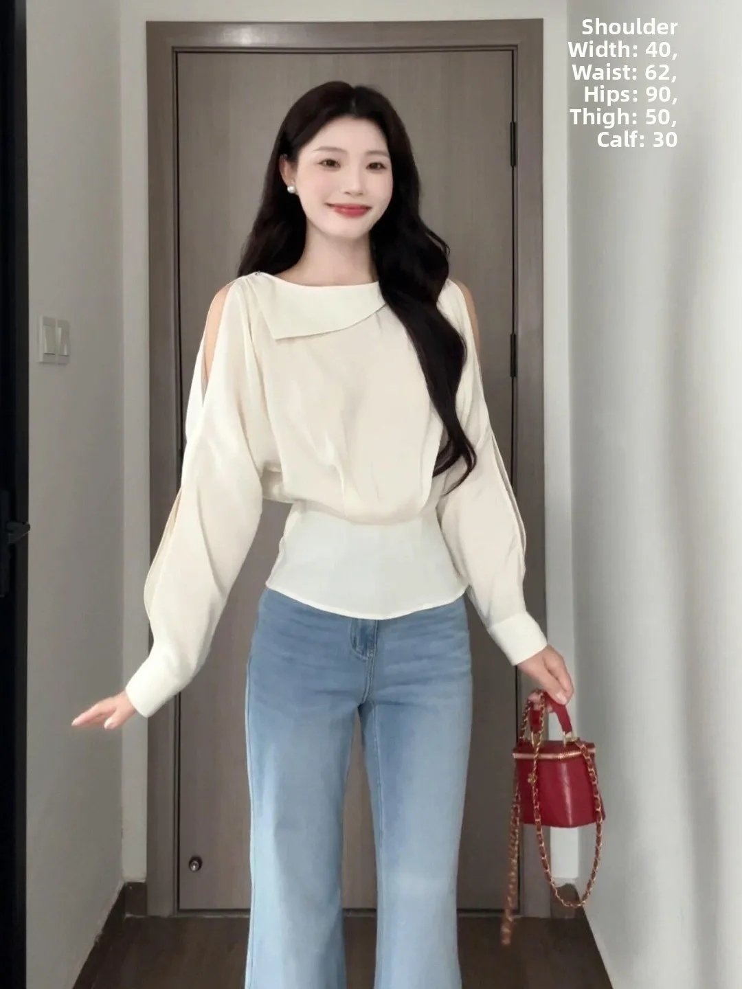 

French Style Long Sleeve Shirt Women's Slim Fit Shoulder Bared Turn-down Collar Top Breathable Cotton Casual Wear