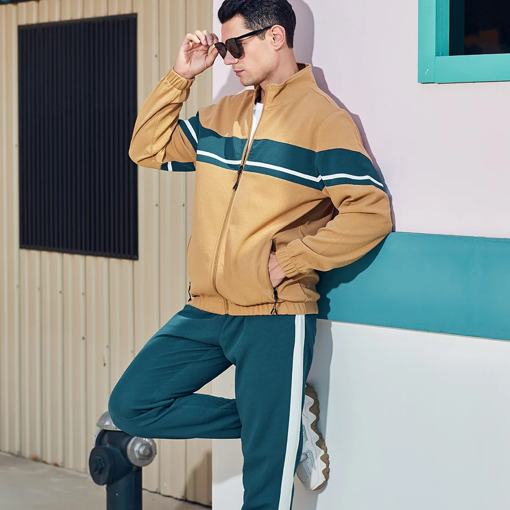 Men's 2-Piece Hoodie Sweatpants Set Autumn Winter Color Block Sports Casual Long Sleeve Polyester Fiber Hooded Jacket Pants