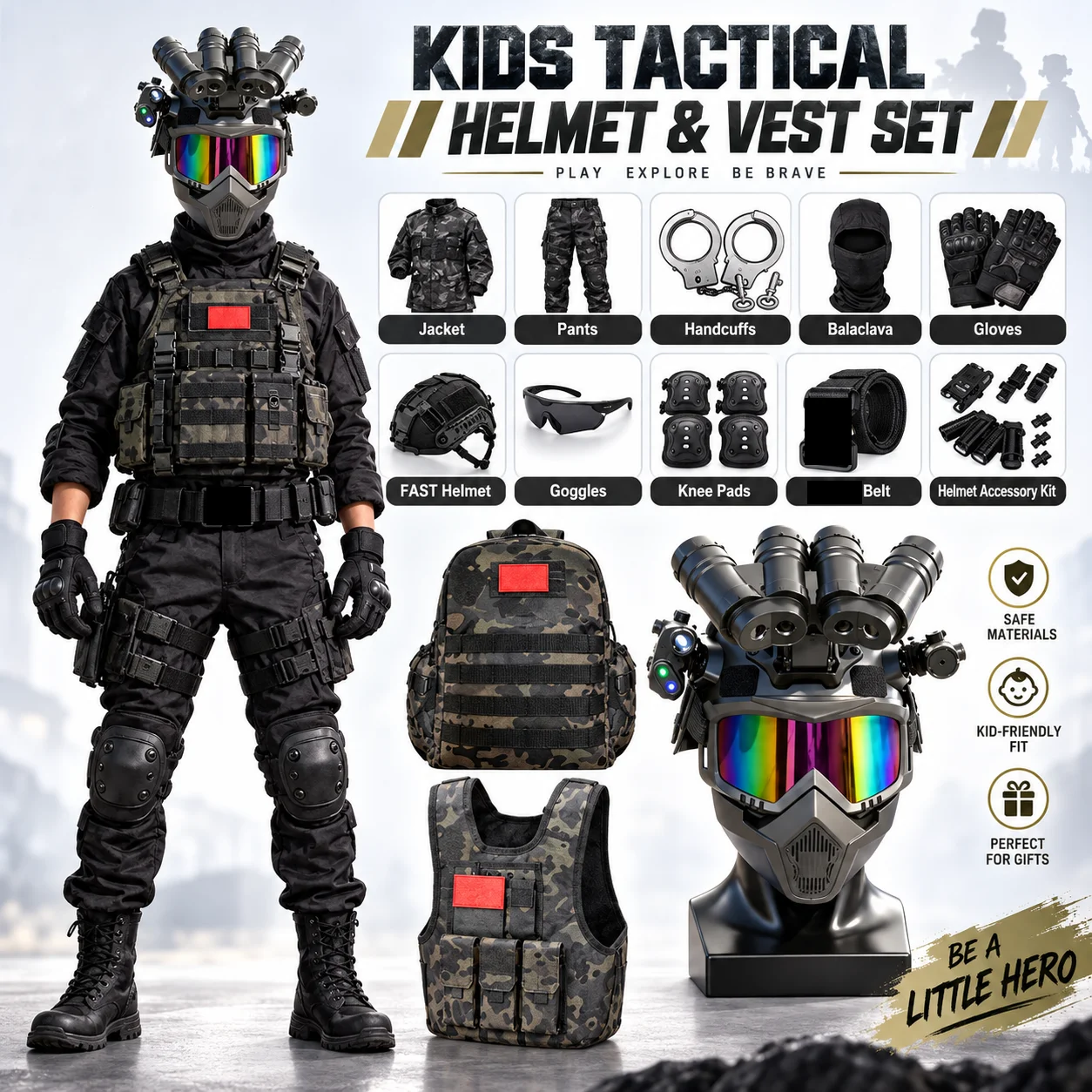 Kids Tactical Camouflage Set Boys Girls Long Sleeve Military Style Outfit for Outdoor Hunting Camping Field Training Clothing