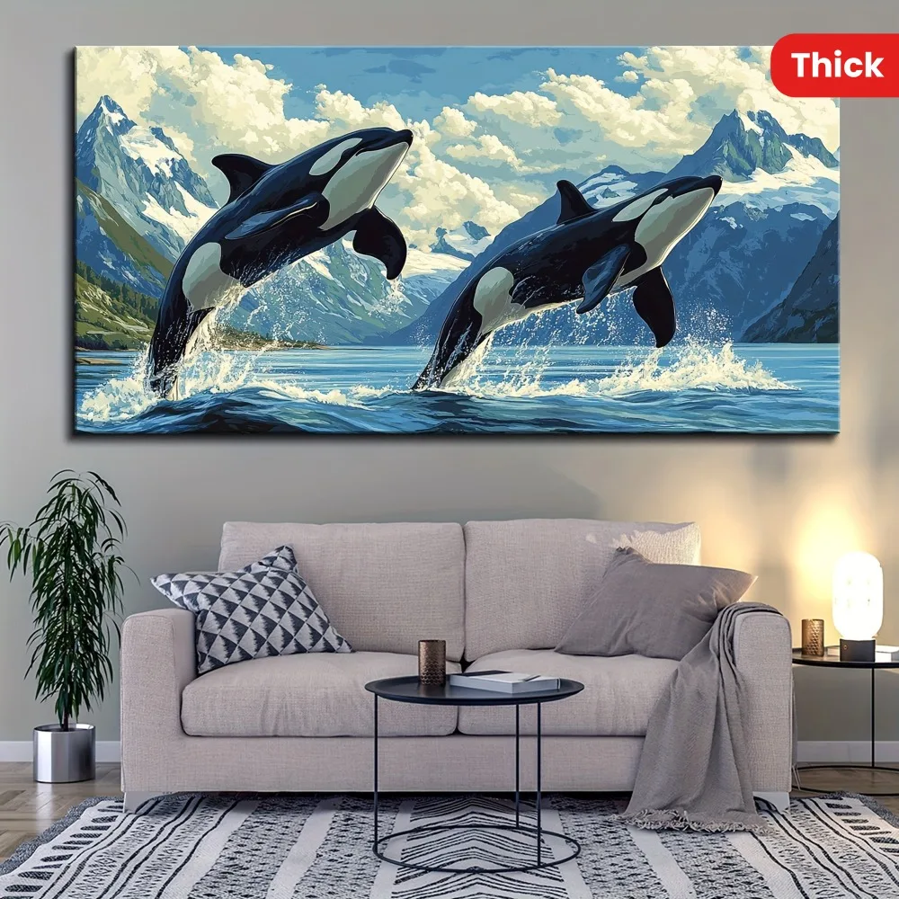 1.5 inch thick pine solid wood frame, hallway home living room decorated with suspense killer whale underwater, blue ocean