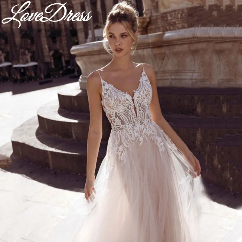 LoveDress-A خط الدانتيل زين فساتين الزفاف ، الأشرطة السباغيتي ، مثير الخامس الرقبة فساتين العروس ، عارية الذراعين ، سستة ، القطار