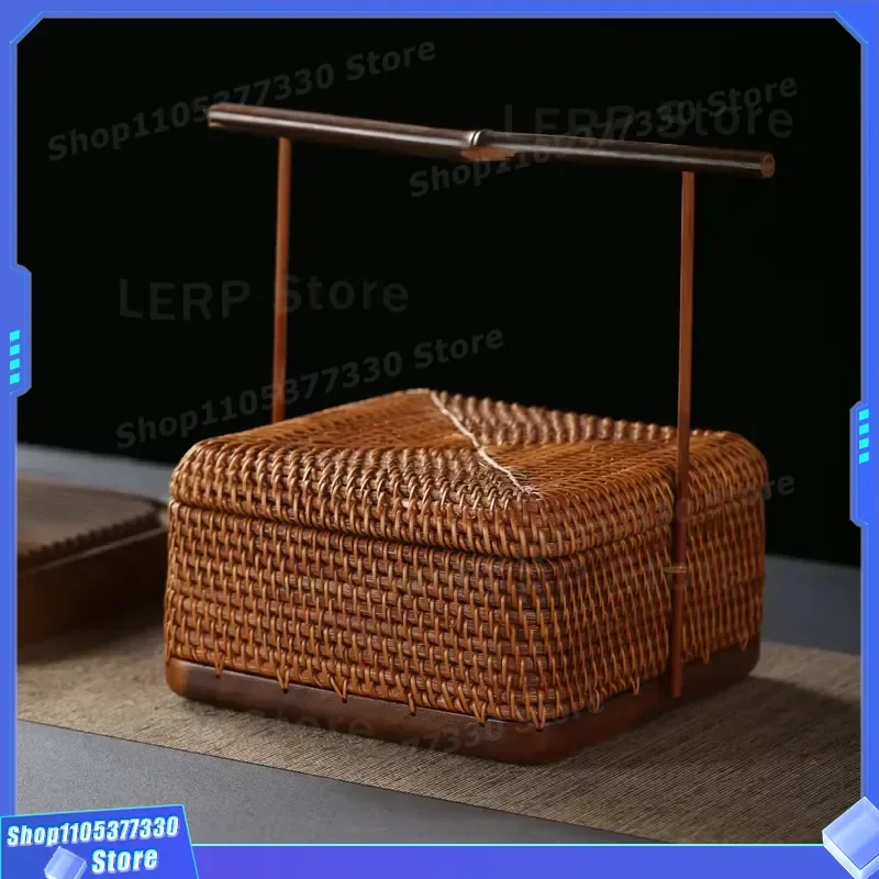 Handmade Square Rattan Storage Box with Lid Eco Friendly Chinese Walnut Basket Purple Bamboo Handle for Picnic Organization