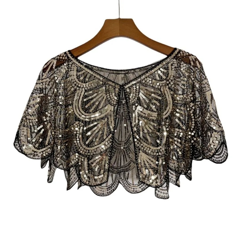 

Art Deco Hollowed-out Shawl Sequin Beaded Evening Cape Vintage Lace Poncho Coat Female