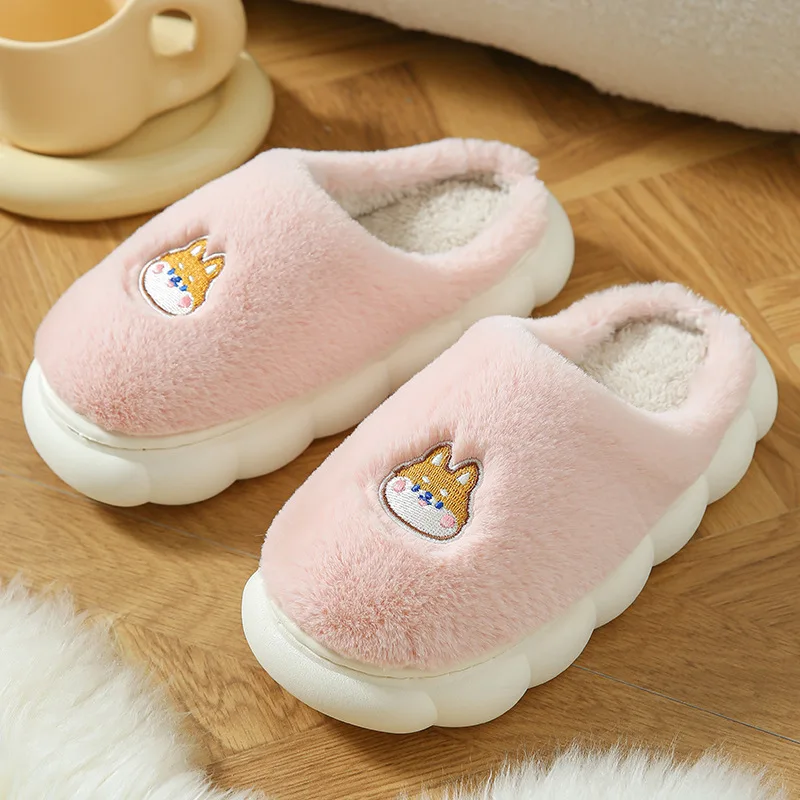 Winter Cotton Slippers Cute Cartoon Animals Furry Slippers Women Home Non-slip Flip Flops Ladies Warm Plush Platform Fur Slides