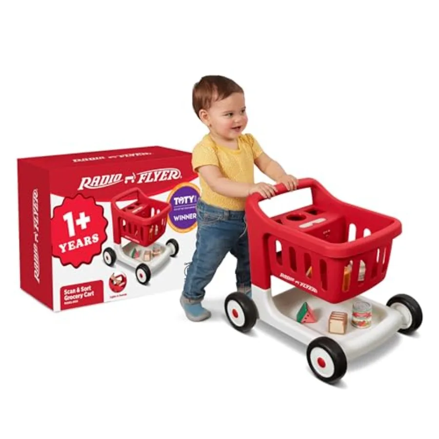 

Radio Flyer Scan Sort Shopping Cart Red for 1+ Indoor Play Interactive Baby Walker with Lights Adjustable Sound 6 Play Food Ite