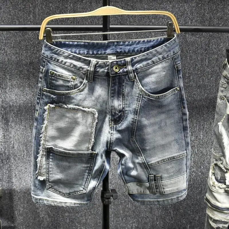 

Fashion Spliced Luxury Brand Denim Knee-Length Shorts with Multiple Pockets for Summer Casual Style Vintage Boyfriend Jeans