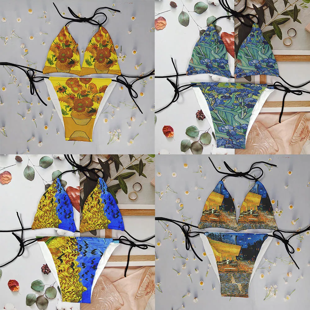 

Fashion classic oil painting pattern bikini suit sexy soft women's swimsuit printed beachwear Van Gogh sunflower starry sky
