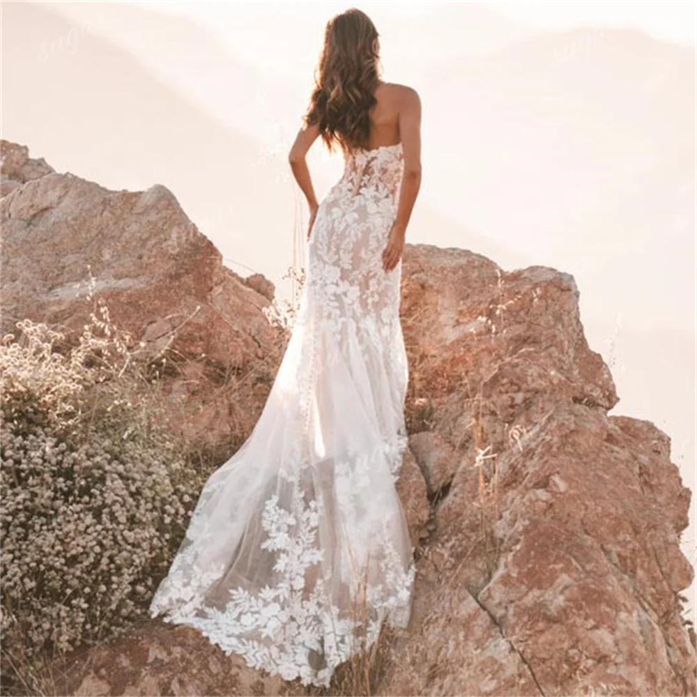 Vestidos De Novia con hombros descubiertos para mujer, apliques De encaje, Vestido De Novia con botones y Espalda descubierta, vestidos De Novia De sirena