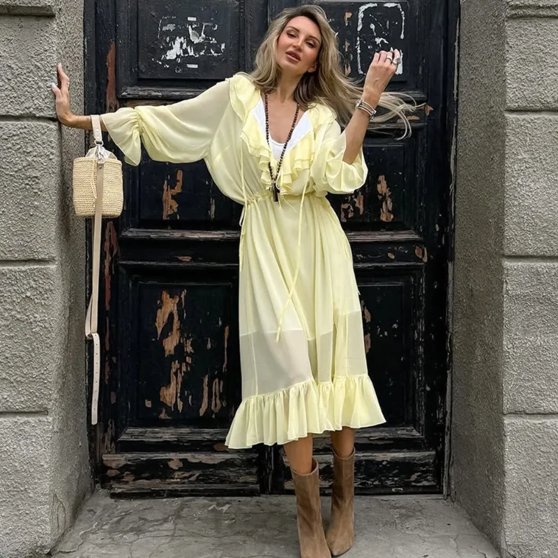

Tuularose Fashion Ruffle Long Dresses New Casual Loose Lace-up Patchwork Ruffle Dress Party Vacation Elegant Women Long Dresses
