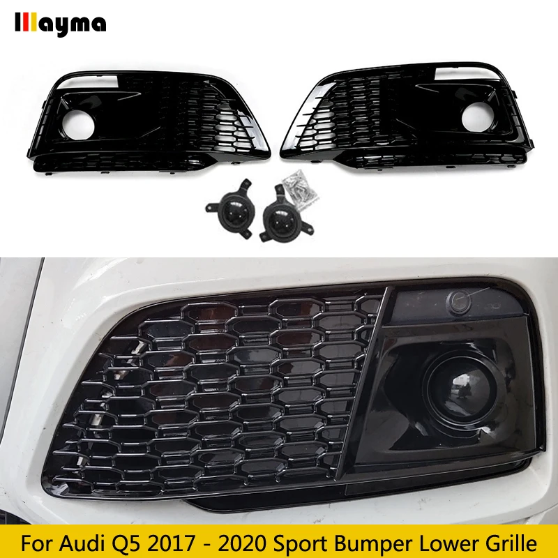 RS Style ABS Glossy Black Car Front Bumper Lower Grille Fog Lamp Frame With Fake ACC Grill For Audi Q5 Sport Type 2017 - 2020