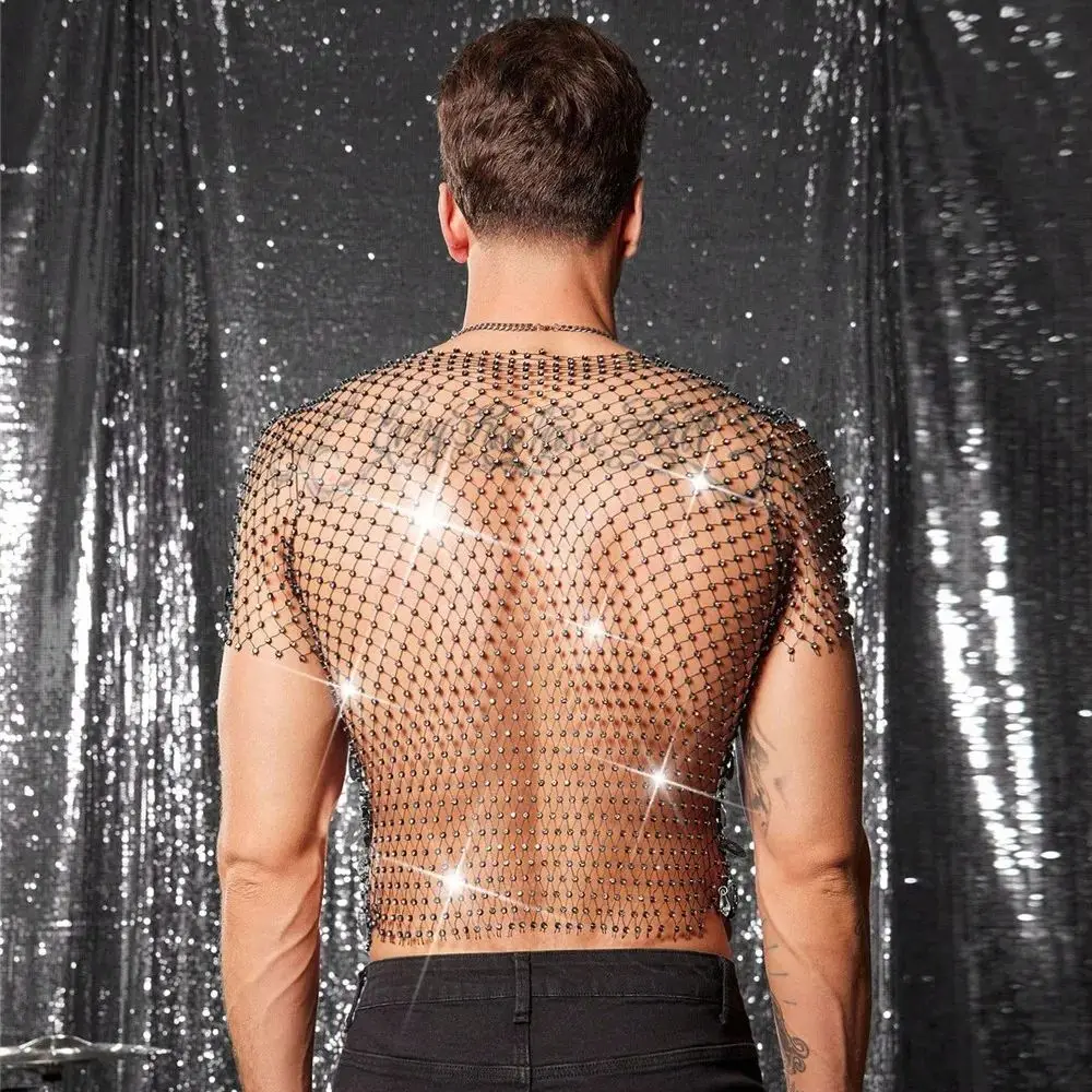 Men's Openwork Mesh Short-Sleeved Top Sexy V-Neck Sparkling Rhinestone Sequins Party Stage Outfit Seductive See-Through Outfit
