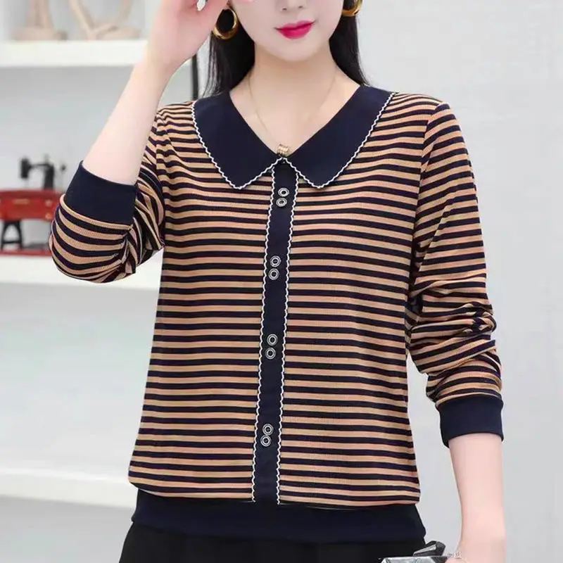 Peter pan Collar Autumn New Striped Long sleeve T-Shirts Oversized women clothing Buttons Casual top tee office Lady pullover