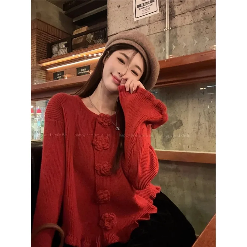 Flower Buttons Solid Color Sweater Women Autumn Winter O-neck Long Sleeve Knitting Cardigan Fashion All-match Knitwear Tops