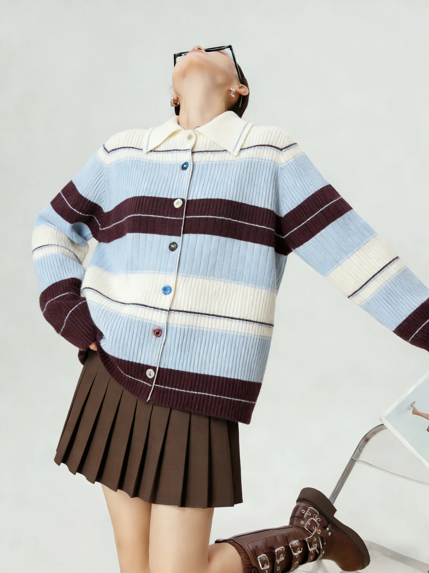 

Blue Striped Knitted Open Cardigan Sweater Women's Spring 2026 Casual Sle Loose Fit Long Sve Button up Top