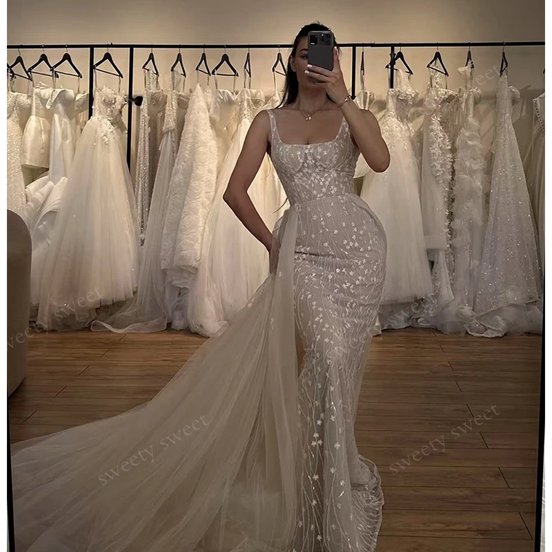 Abito da sposa con strascico staccabile in organza con ricamo abito da ballo a sirena senza maniche colletto quadrato personalizzato sposa Vestido De Novi