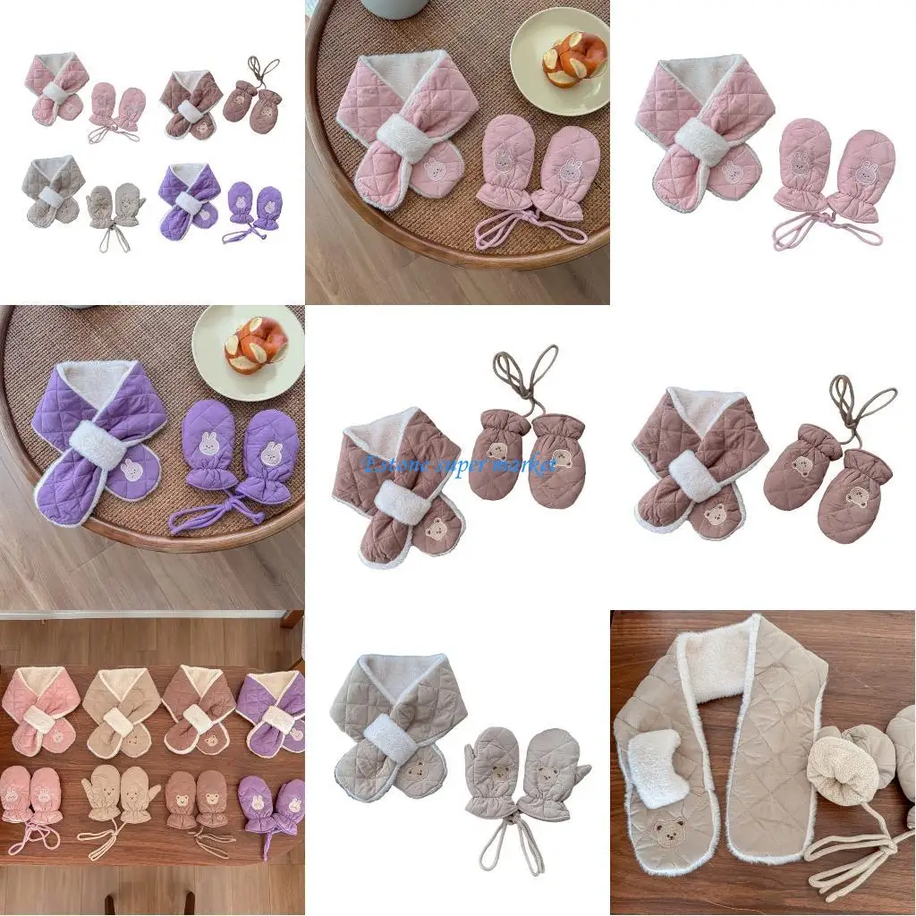 

090B Newborn To Toddler Crosses Over Scarf Mittens Set 2 Pieces Breathable Cotton Unisex Winter Accessories Age 0 24M