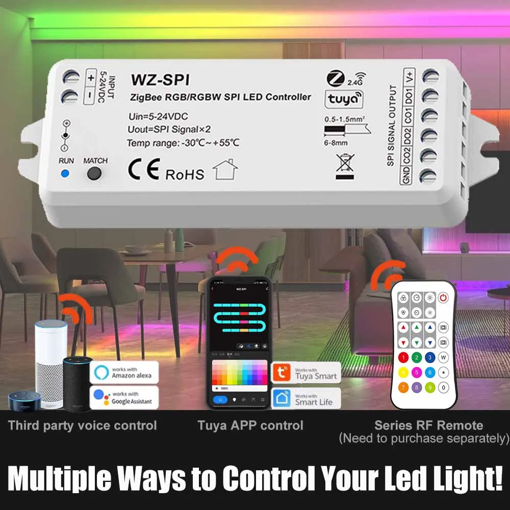 Tuya Zigbee 5-24VDC RGB/RGBW SPI Led Controller 49 Kinds Chip Addressable Dynamic with RF Remote,can Voice Control Google Alexa