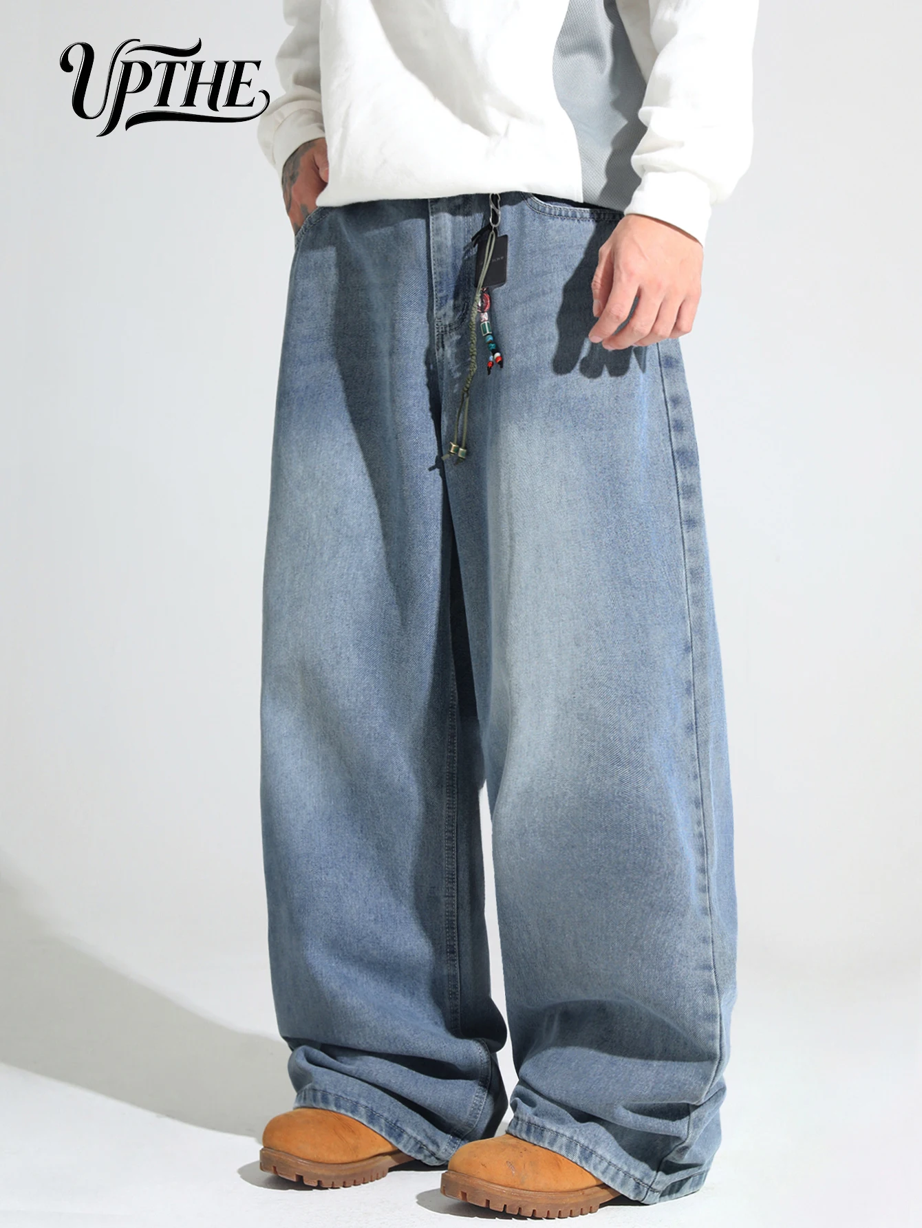 UPTHE Men's Baggy Wide Leg Jeans, Light Blue Gradient Washed Loose Fit Denim Pants, Vintage Faded Oversized Streetwear Y2K Hip Hop Jeans for Men