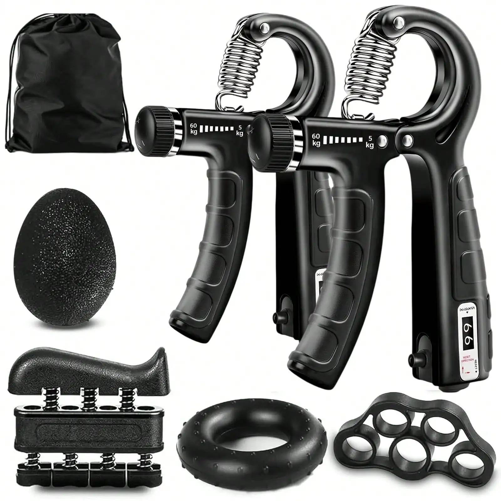 Adjustable Counting Hand Grip Strengthener Kit, 5‑in‑1 Hand Exerciser Set with Finger Stretcher, Grip Ring, Stress Relief Ball for Hand Strength Training, Rehabilitation and Workout