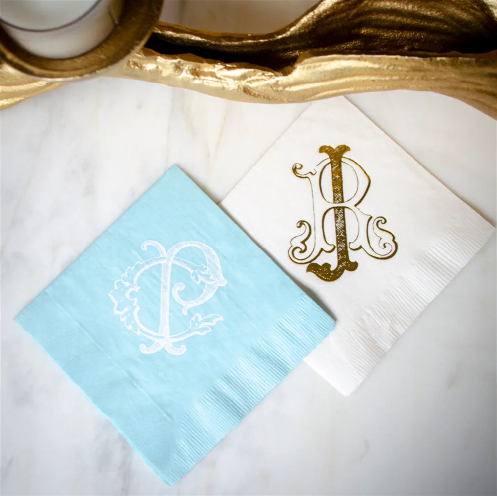 50PCS Monogram Bridal Shower Napkins Interlocking Monogram Wedding Napkins Pastel Blue Napkins Wedding Logo Napkins Engagement