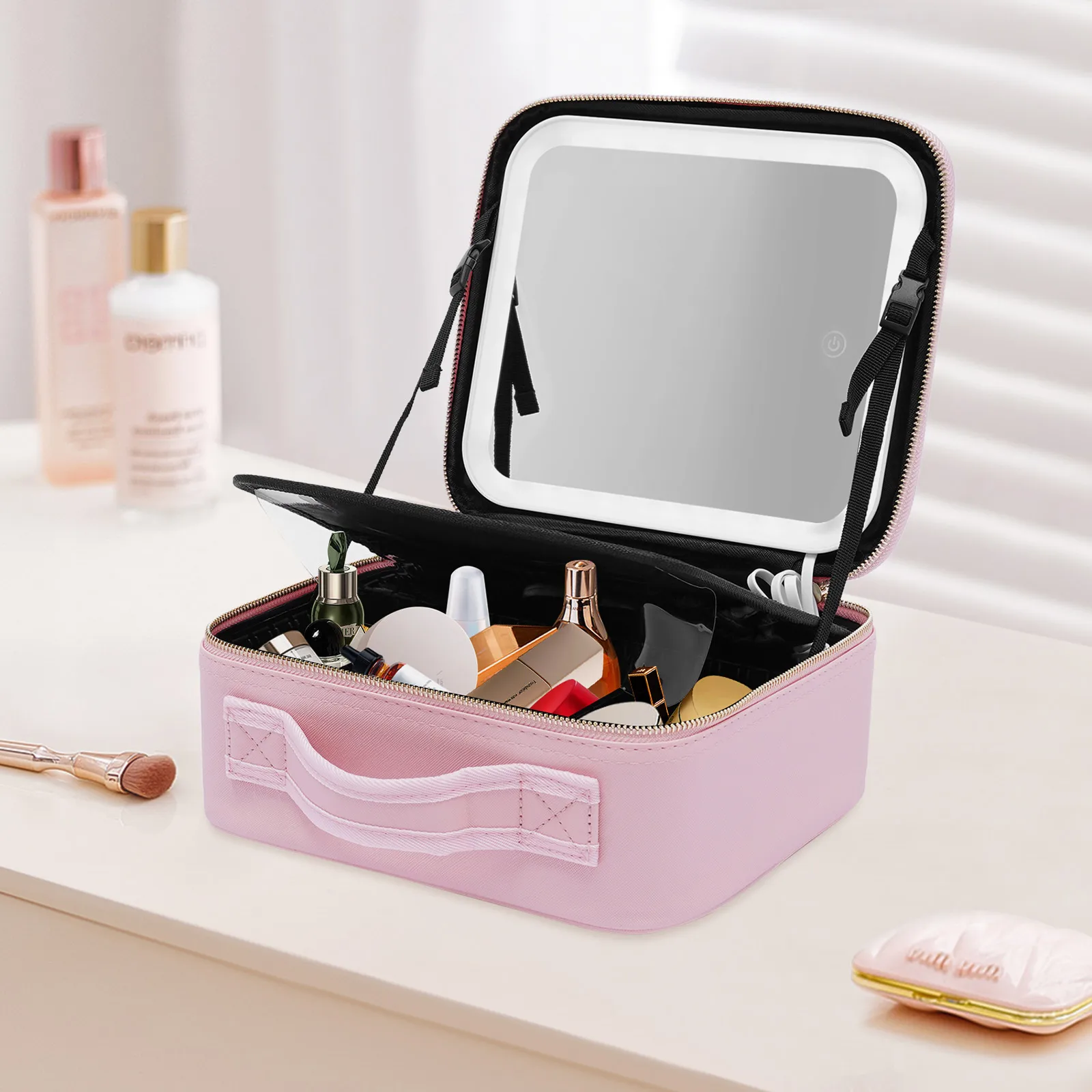 Makeup Train Case with Large Lighted Mirror 3 Color Scenarios Adjustable Brightness Large Cosmetic Organizer Storage Adjustable