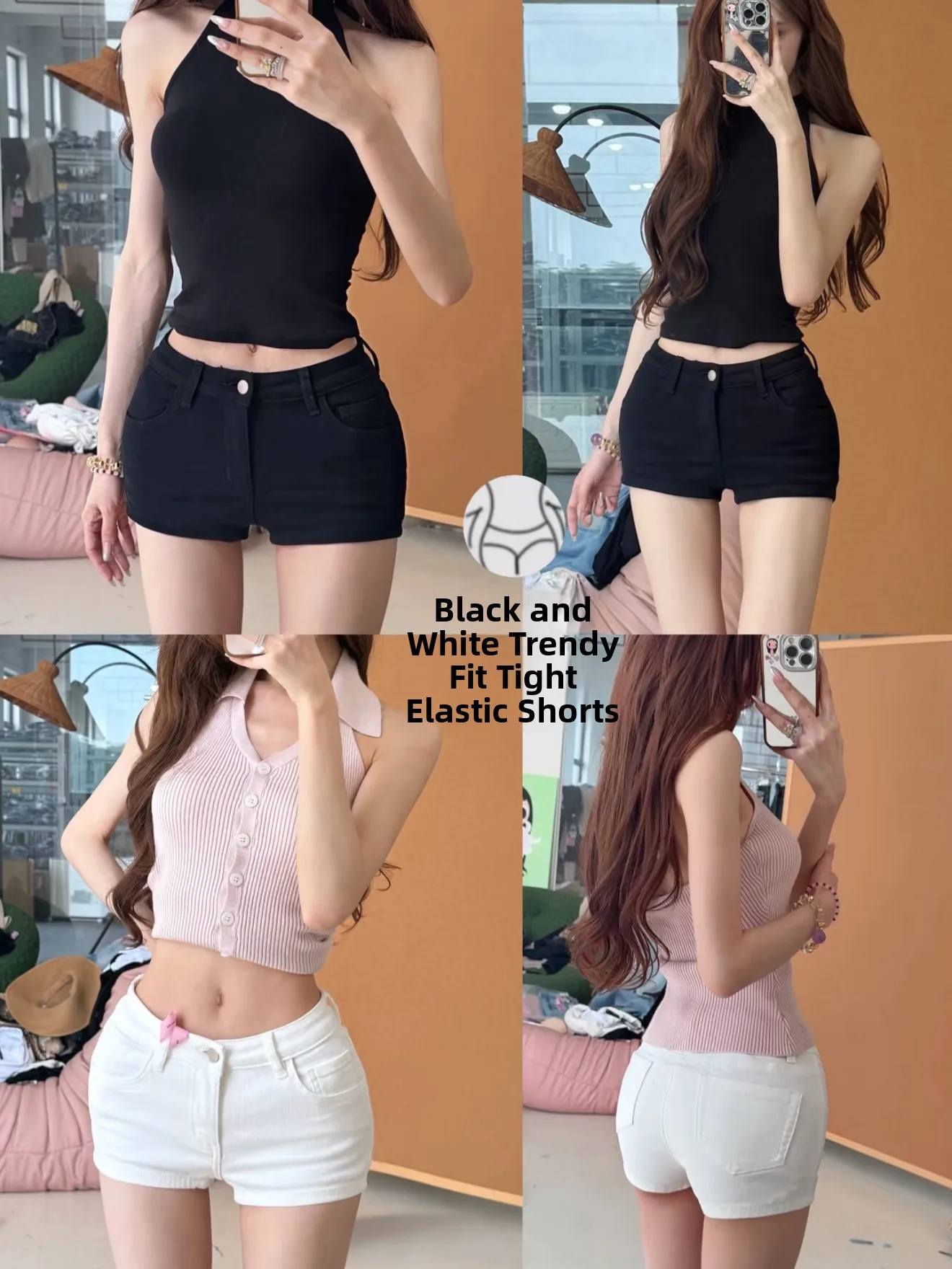 

Low Waist Slim Fit Denim Shorts Basic Elastic Waist Control Women's Summer Fashion Jeans Low Waist Button Closure