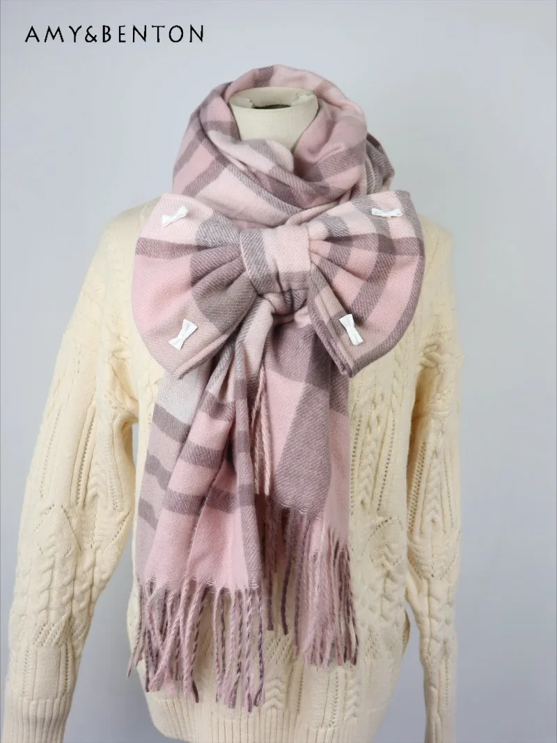 

Plaid Scarf Shawl Imitation Cashmere Tassel Bowknot Warm Versatile Women's Neck Warmer Lolita Japanese Sweet Girl Scarf Shawl