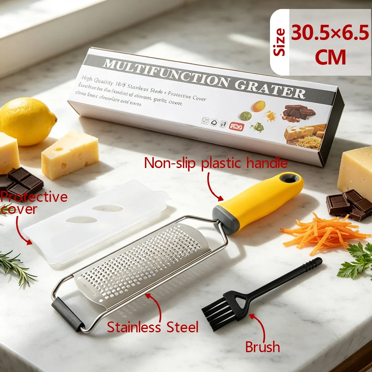 1pc Yellow Cheese Stainless Steel Wire Cutter Manual Grater with Brush Protective Cover