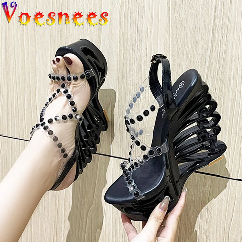 Voesnees Summer New Hollow Out Wedge Women\'s Pumps Shiny Sequins Fashion Party Shoes Club Heels Transparent Narrow Belt Sandals