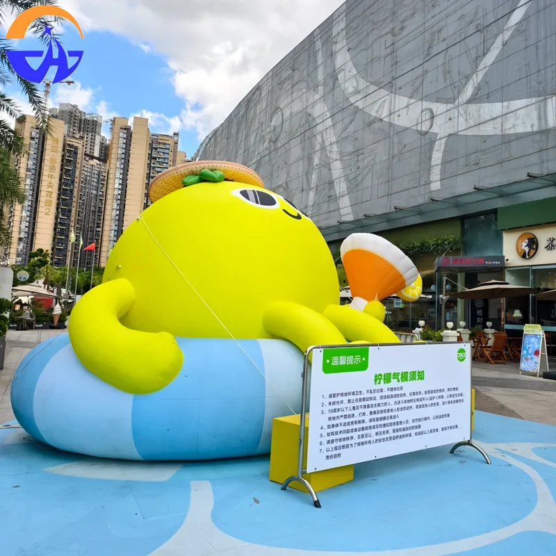 Inflatable cartoon lemon figure air model with a swimming ring and holding juice, for outdoor decoration of shopping malls