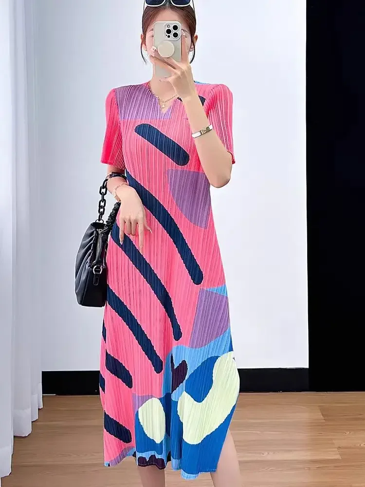 Miyake Pleated Geometric Print Short Sleeve Dress Women 2024 Summer New Korean Style Fashion Elegant Casual Designer Clothing
