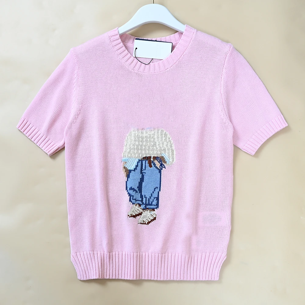 

Повседневный женский вязаный свитер с круглым вырезом и коротким рукавом, с мультяшным медведем, из тонкой хлопковой пряжи, стандартной длины, летний топ