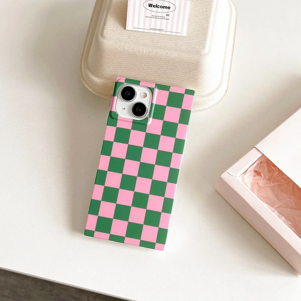 Stylish Rectangle Pink Green Plaid Matte Shockproof Protective Phone Cover Case for iPhone 16 15 14 13 12 Pro Max