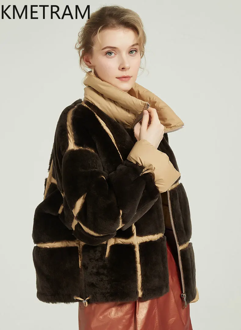 KMETRAM 100% Natural Sheepskin Wool Fur Jacket Contrasting-Colored Stand Collar Thicken Woman 2025 Winter Women Clothing шуба