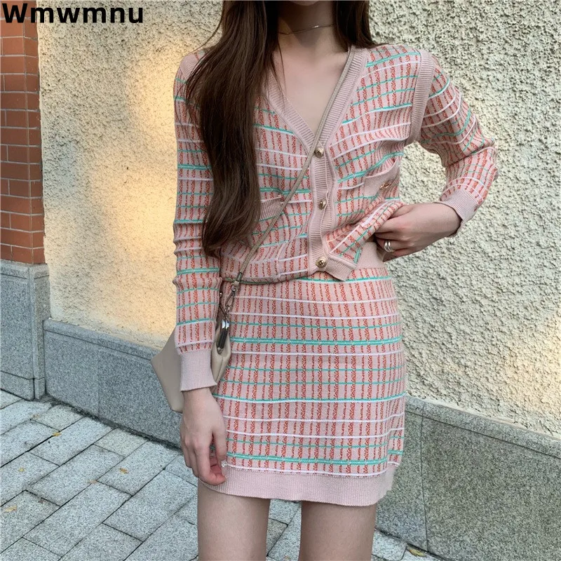 Pink Plaid Knited Women 2 Piece Sets  Elegant Casual V-neck Cardigan Coats Tops Conjunto Korea Sexy High Waist Short Skirts Suit