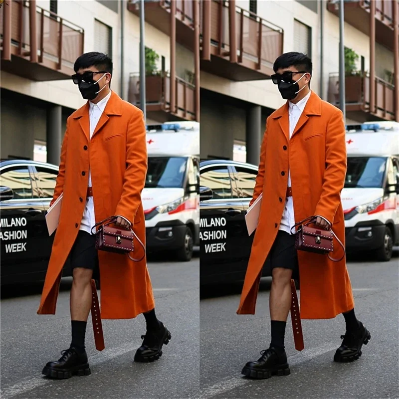 

Fashion Orange Men Overcoat Woolen Singal-Breasted Custom Made Long Jacket Street Style Casual Winter Warm Thick Jacket