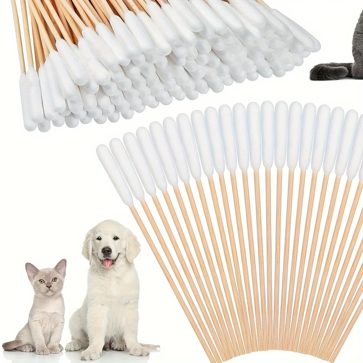 50/100/300/500/900/1000Pcs Pet Cotton Swabs, Disposable Long Cotton Swab Stick With Wooden Handle For Pet Dog Ear Cleaning