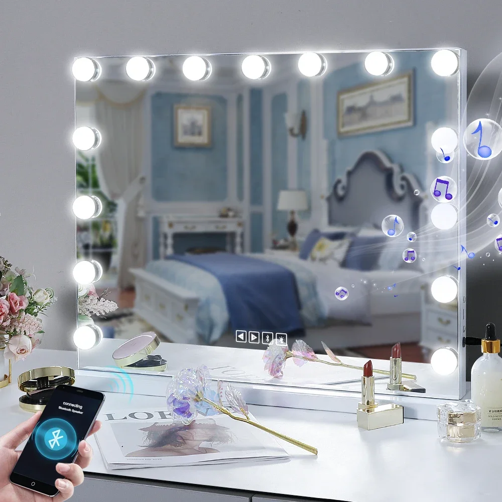 Large Bluetooth Vanity Mirror Makeup Mirror With Lights Hollywood Mirror Touchscreen Control Cosmetic Mirrors With 15 LED Bulbs