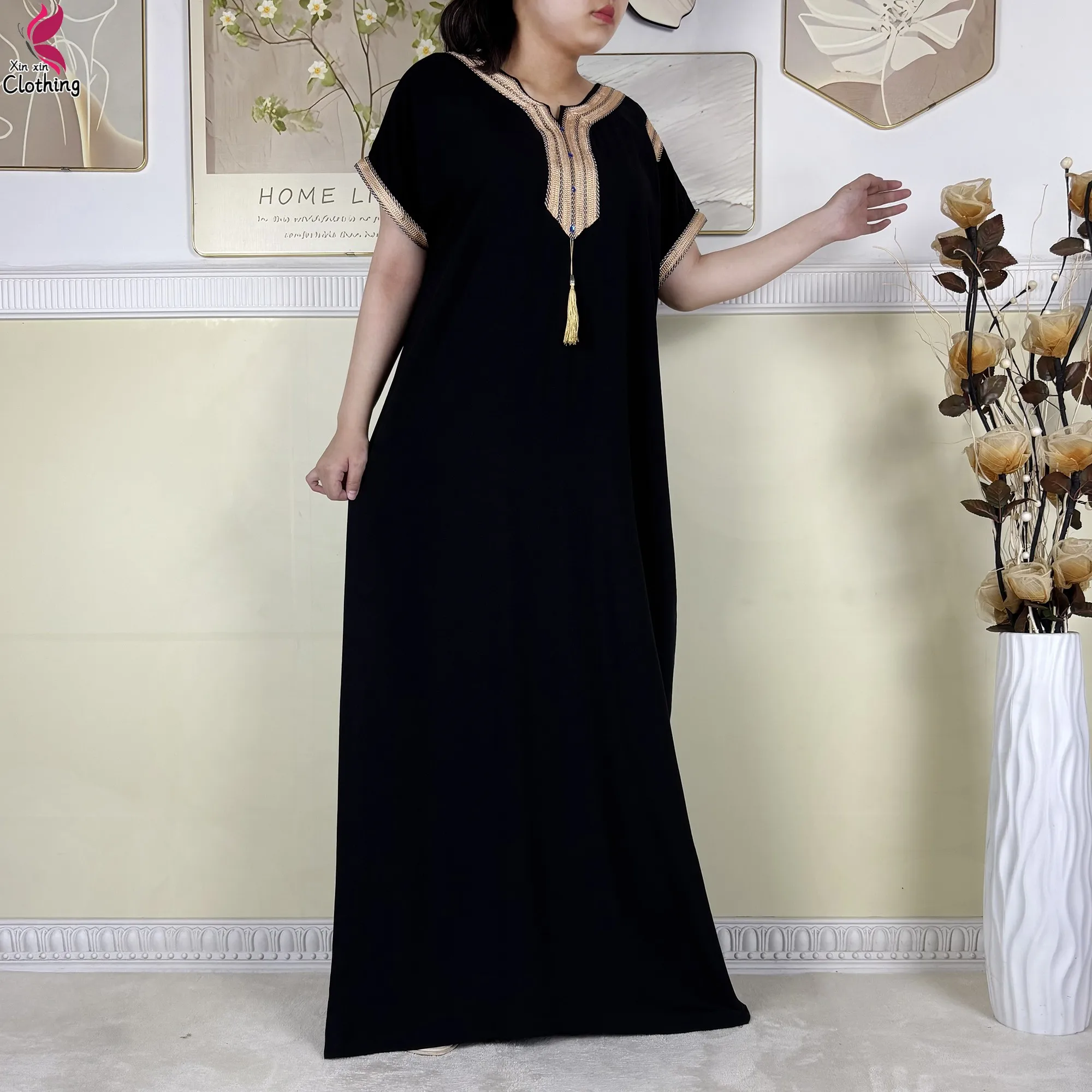 2025 Muslim Caftan Short Sleeve Dress Solid Cotton Summer Abaya African Traditional Dresses Islam for Women Casual Clothing