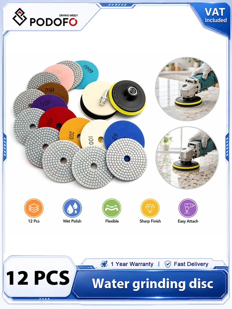 Podofo 12-teiliges 4-Zoll-Diamant-Polierpad-Set, Nass- und Trockenpolierpads, Körnung 50-8000, flexibles Polierkit für Granit, Marmor, Beton, Stein, Fliesen, mit M14-Trägerplatte,