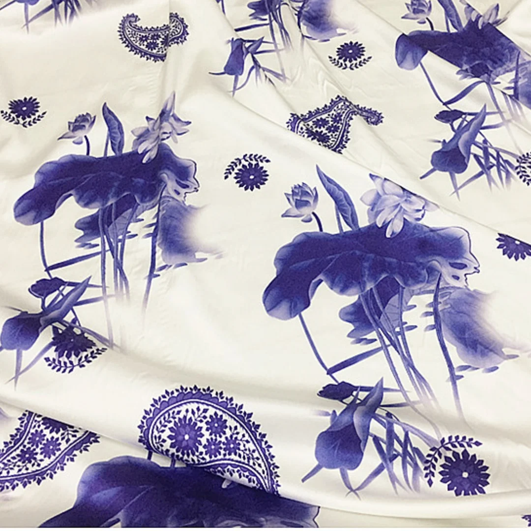 

1 meter 95% Mulberry Silk 5% Spandex 19 momme Charmeuse Silk Fabric Chinese Blue Floral Printed 110cm 43" wide by the yard XL059
