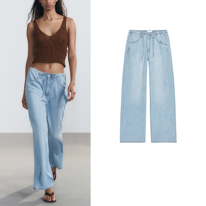 

Summer New Women's Casual Waed Belted Drapey Mid-Waist Straight Leg Denim Jeans Simple Sle Autumn Faion High Waist Long...