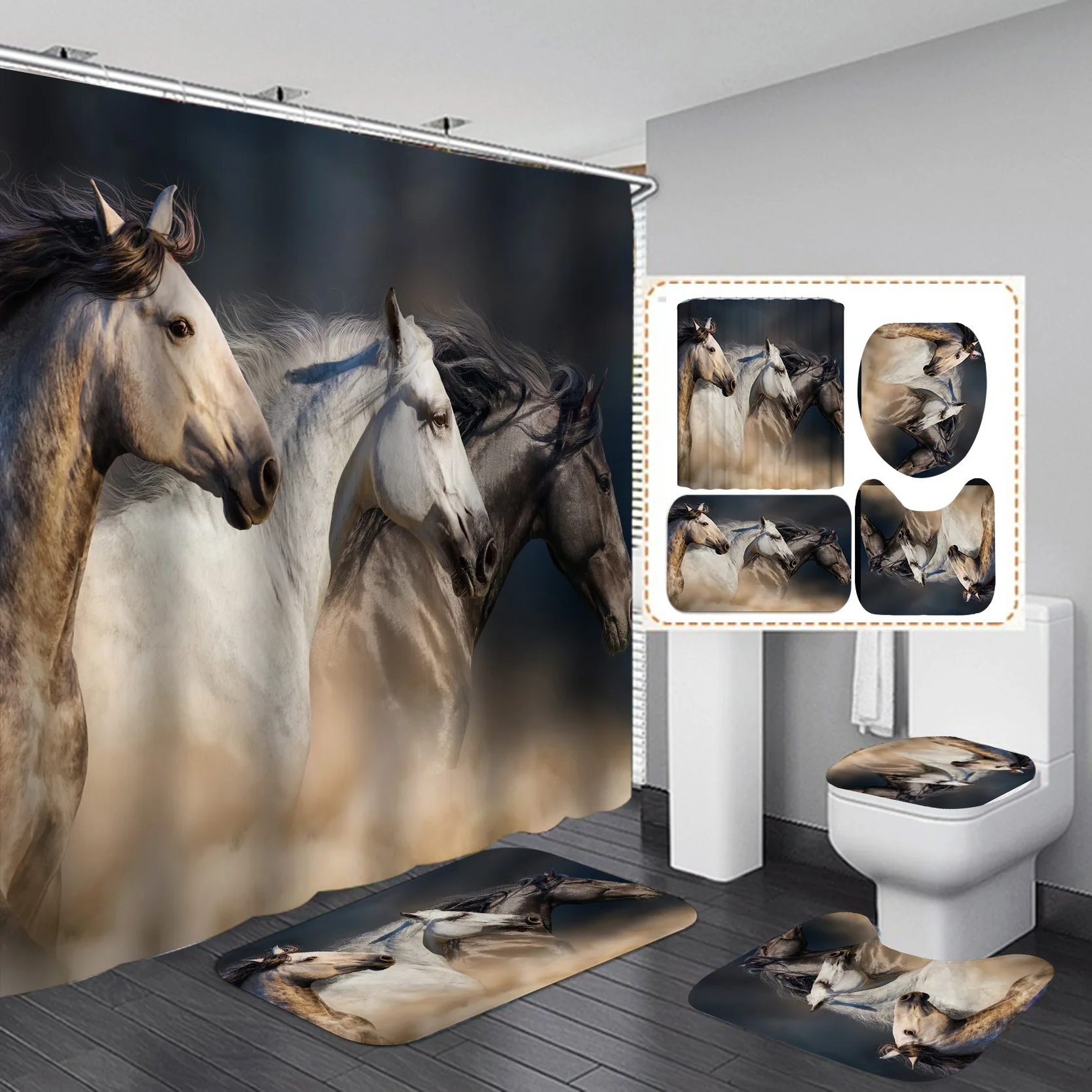 4PCS Animal 3D Printing Theme Shower Curtain and Bath Mat Set,Black Horse Decor Waterproof Non-Slip Bathroom Curtain and Rug Set