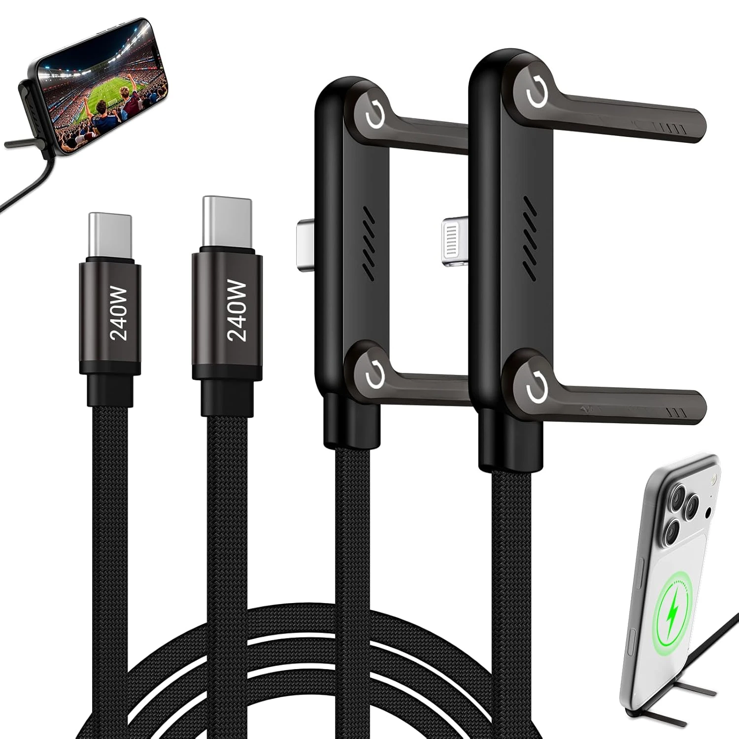 240W 2-in-1 Type-C Fast Charging Cable Invisible Adjustable Stand Charger Cord for Phones Tablets Laptops Gaming Devices