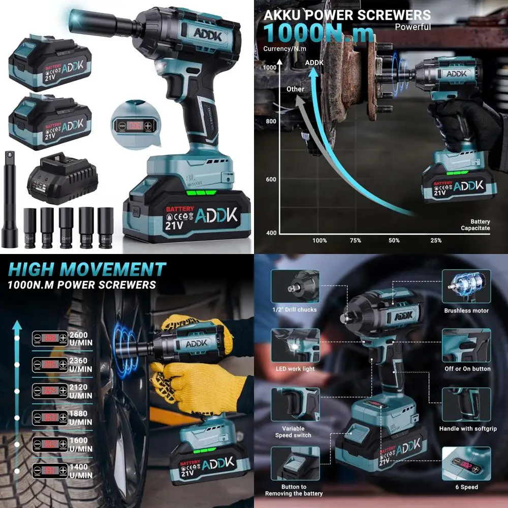 مجموعة مفاتيح ربط لاسلكية ذات عزم دوران عالي مع بطارية 4.0 أمبير في الساعة، مسدس كهربائي بدون فرش مقاس 1/2 بوصة للتطبيقات الثقيلة #1