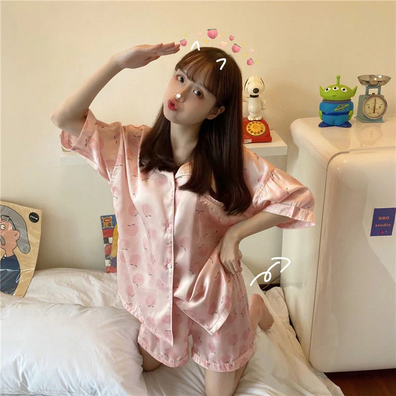 Peach Print Silk Pajamas Set Women Single Breasted Shirts + Shorts Casual Two Piece Home Suit Kawaii Korean Sleepwear Thin