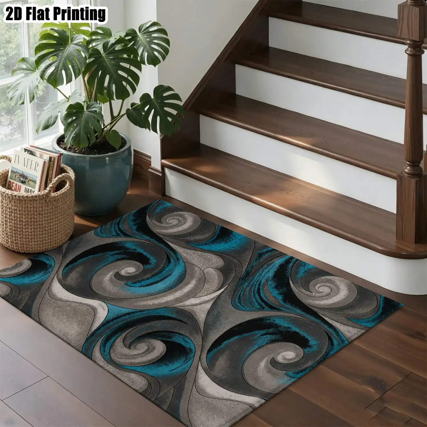 1Pc 2D Printed Carpet: Blue-Grey Swirl Abstract Pattern, Nordic/Instagram/Bohemian Style, Machine Washable, Multi-Size, Suitable for Multi-Scene Home Decoration