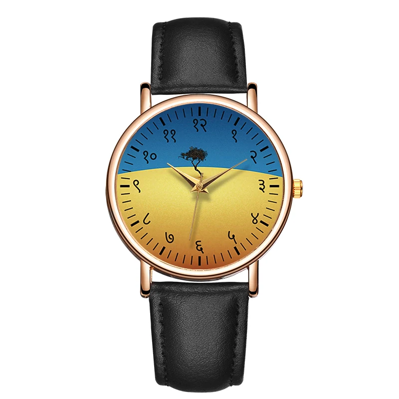 Fashion Women\'s Quartz WristWatch Blue And Yellow Tree Watch Leather Strap Wristwatch Waterproof Round Dial Female Watch