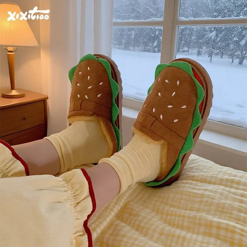 

2025 Winter New Fun Hamburger Cotton Home Slippers Cute Women's Fleece Lined Clogs Household Indoor Outdoor Slippers