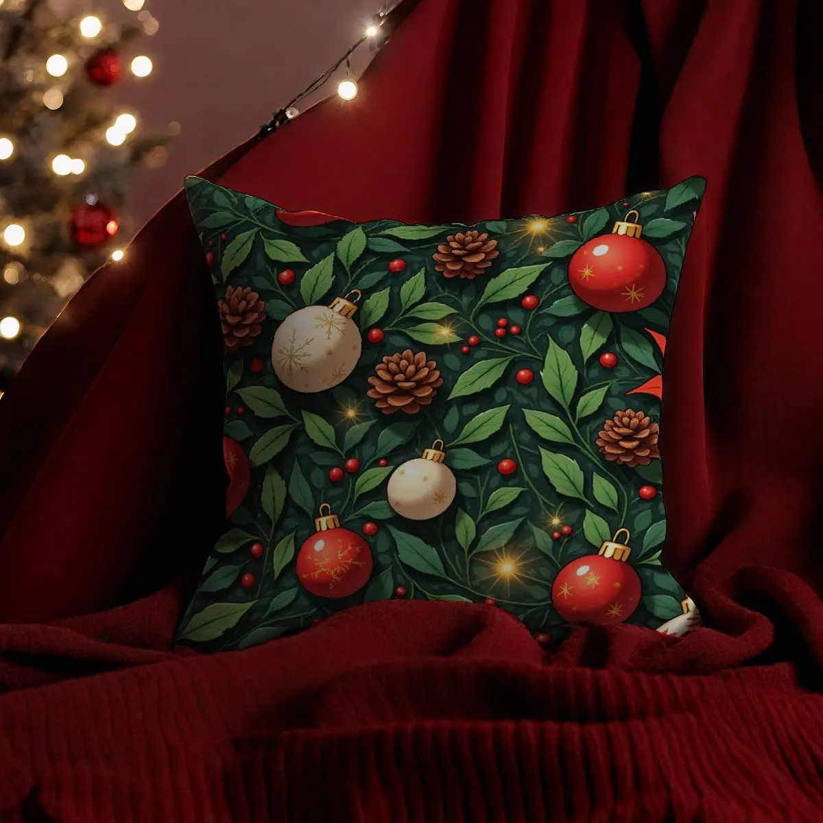 

Набор чехлов для подушек из 4 предметов 45x45 см, мягкий праздничный декор, зелень, красные украшения, шишки, пуансетти, домашний диван для гостиной